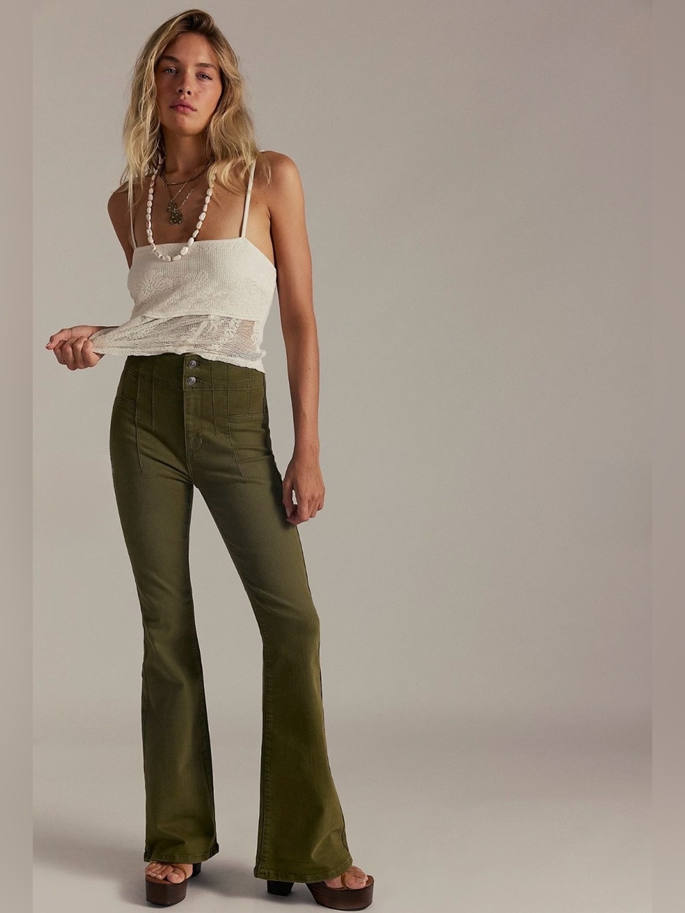 Free People We the Free Jayde Corduroy Flare Pants NWT in Deep Olive Green